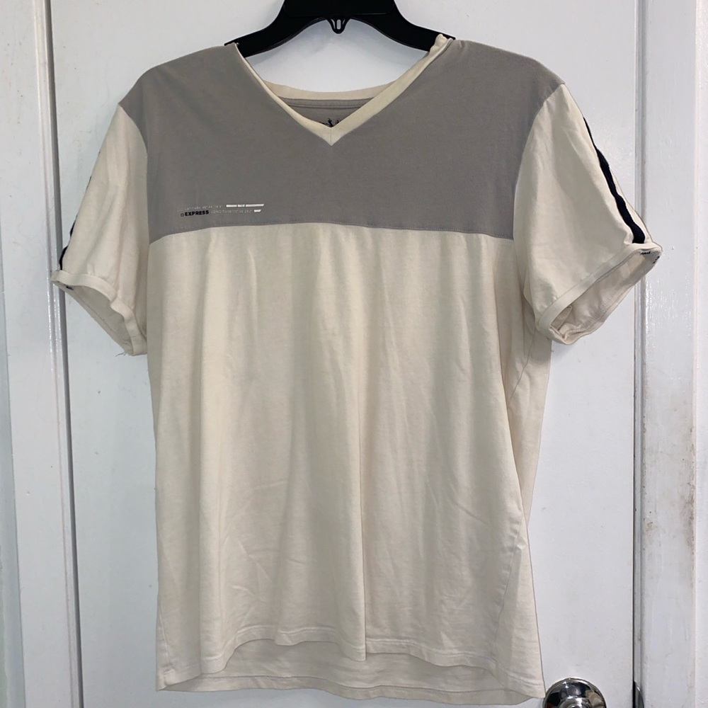 Express Mens Grey and Cream Colored V-Neck Shirt